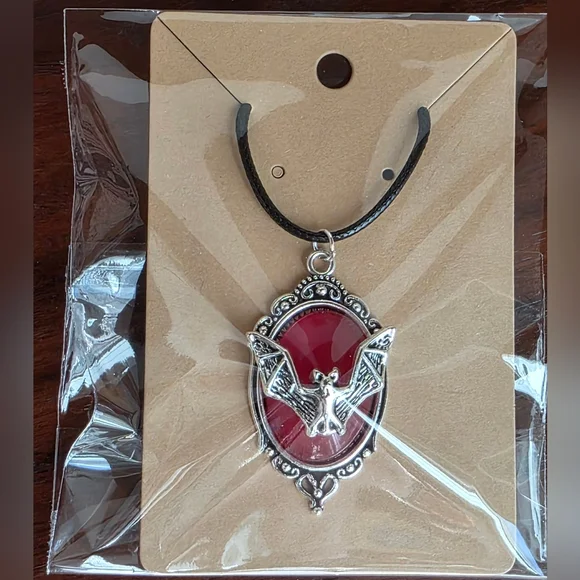 Silver Bat Framed In Red Pendant Necklace - Picture 7 of 7
